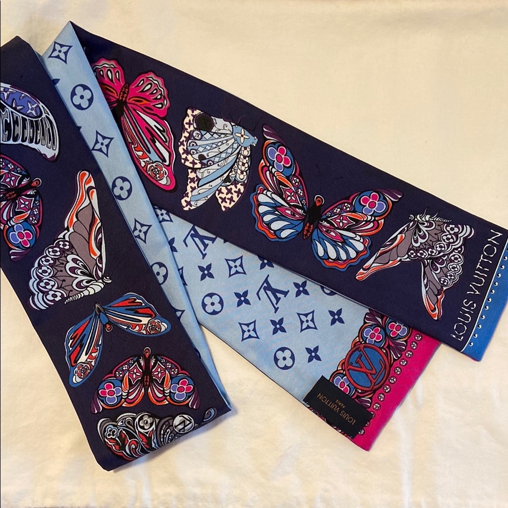 Louis Vuitton Bandeau Blue and Hot Pink Scarf Butterfly and Mono